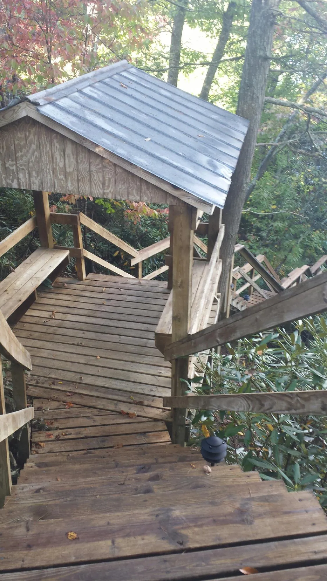 Metal roofed shelter over wooden steps on a wooded walkway — Skylight Repair & Installation work by our crew in Narberth